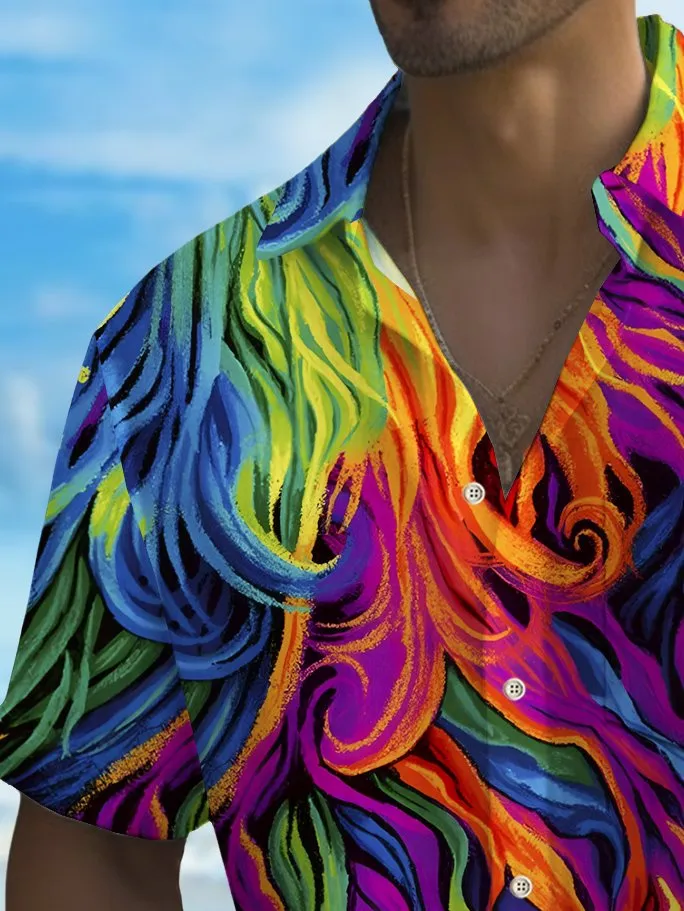 Alohadaddy Holiday Men's Pride Month Abstract Art Print Casual Breathable Short Sleeve Shirt Big Tall