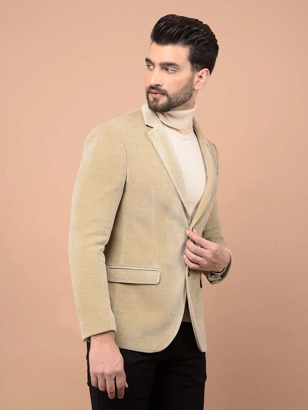 Beige Printed Corduroy Single Breasted Blazer