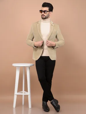 Beige Printed Corduroy Single Breasted Blazer