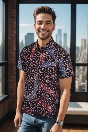 Black Half Sleeve Ajrakh Printed Cotton Mens Shirt 10072714