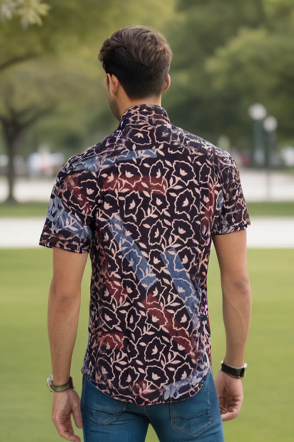 Black Half Sleeve Ajrakh Printed Cotton Mens Shirt 10072714