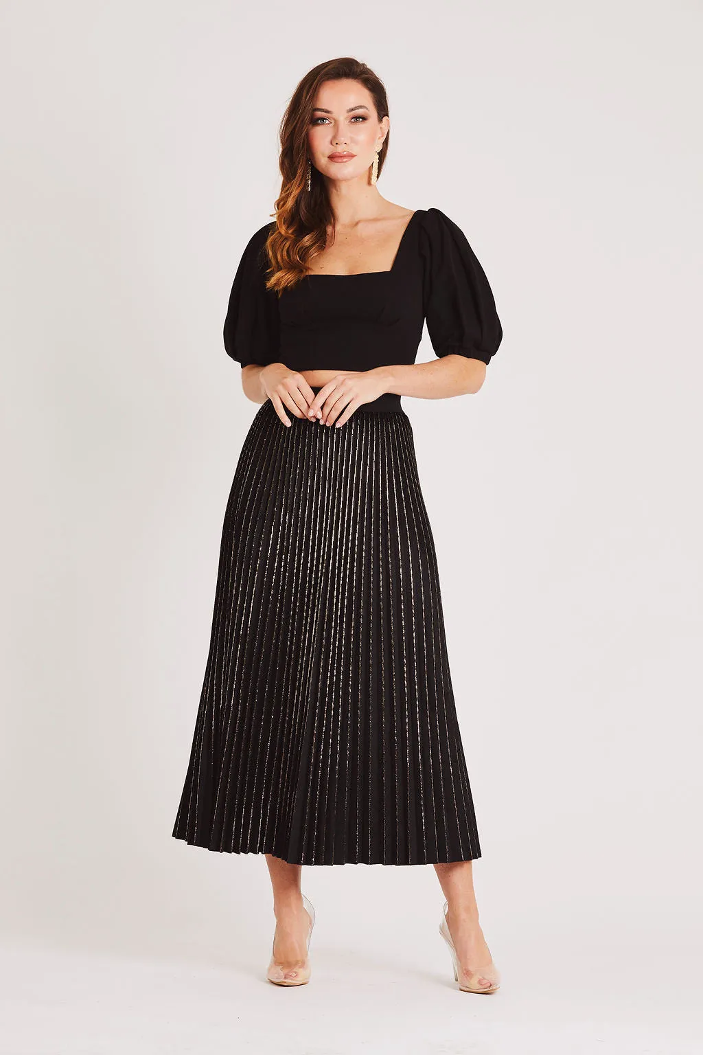 Black Pleated Velvet Midi Skirt with Gold Detail