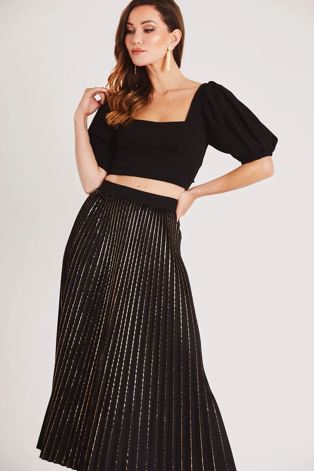 Black Pleated Velvet Midi Skirt with Gold Detail