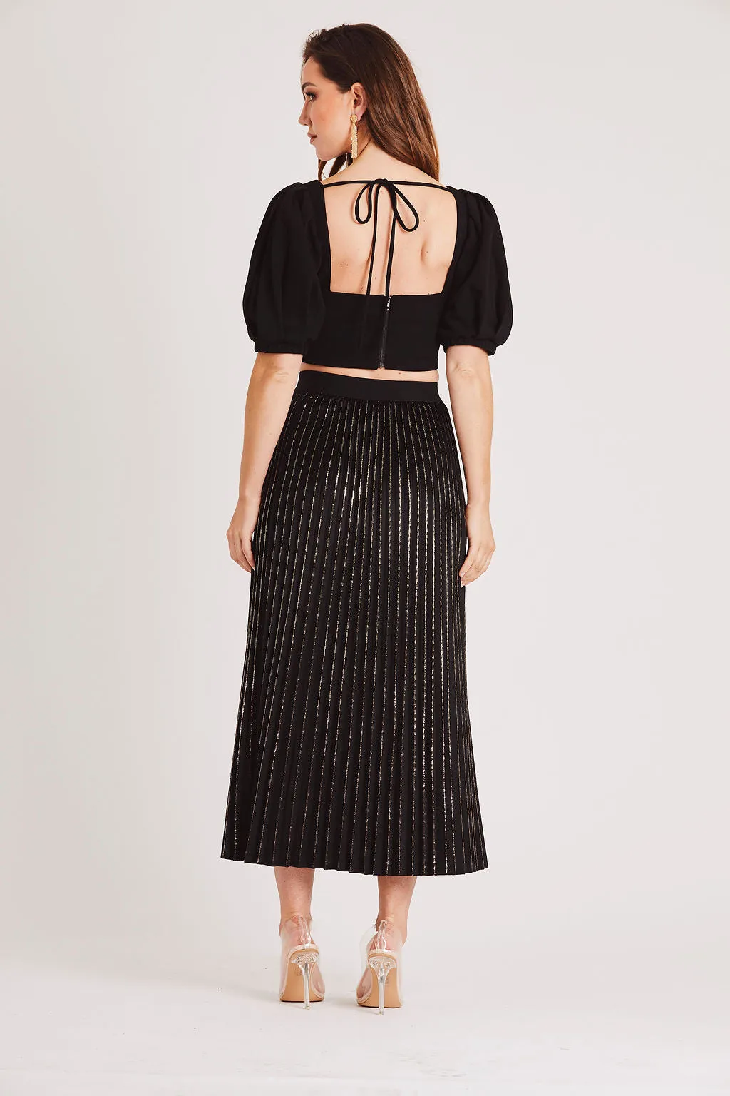 Black Pleated Velvet Midi Skirt with Gold Detail