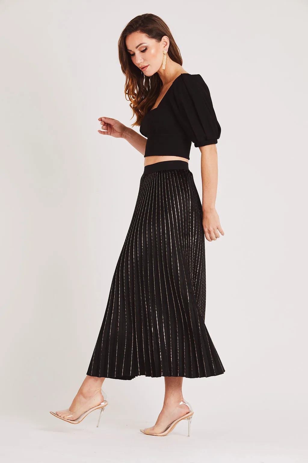 Black Pleated Velvet Midi Skirt with Gold Detail