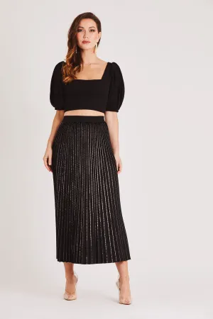 Black Pleated Velvet Midi Skirt with Gold Detail