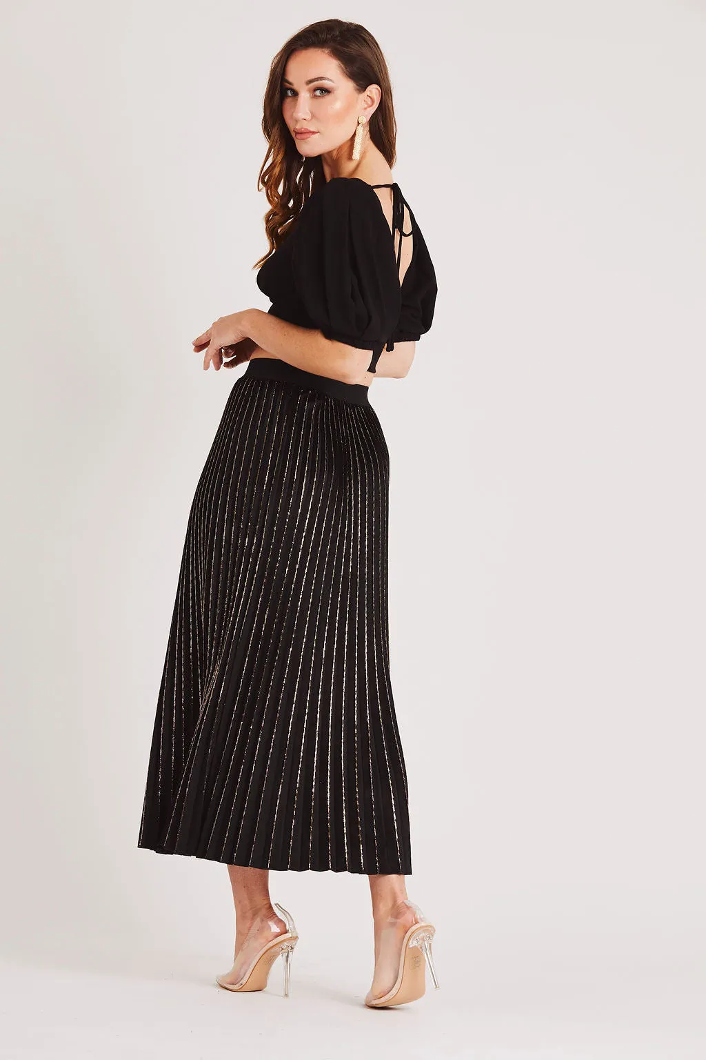 Black Pleated Velvet Midi Skirt with Gold Detail
