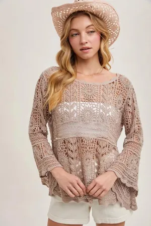 Bluivy Latte Crochet Sheer Bell Sleeve Top