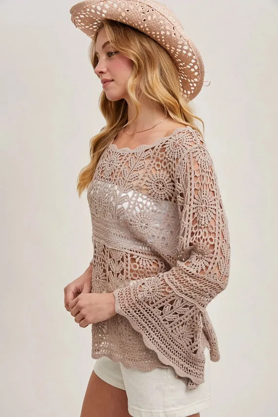 Bluivy Latte Crochet Sheer Bell Sleeve Top