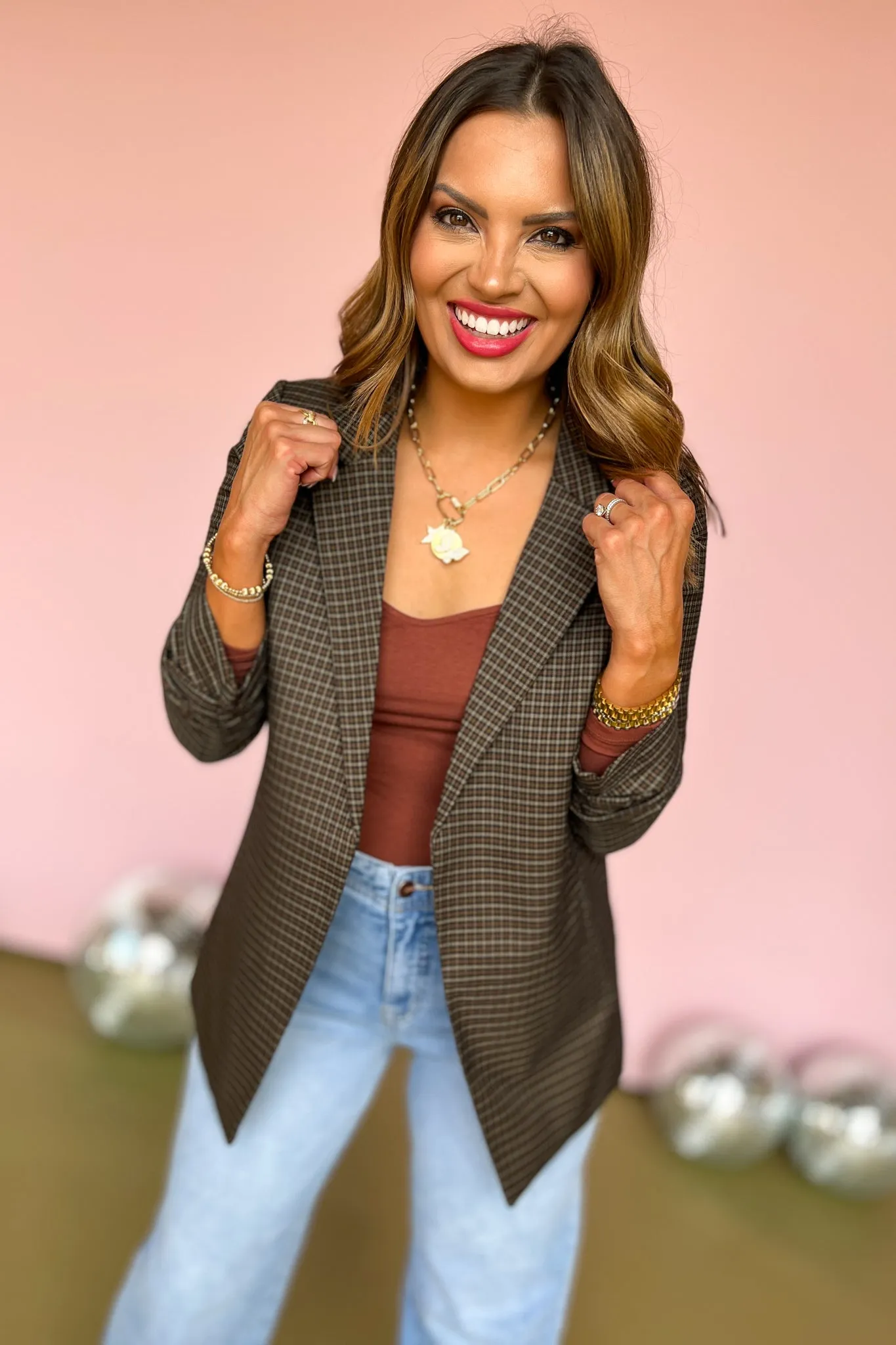 Brown Plaid 3/4 Ruched Sleeve Collared Blazer