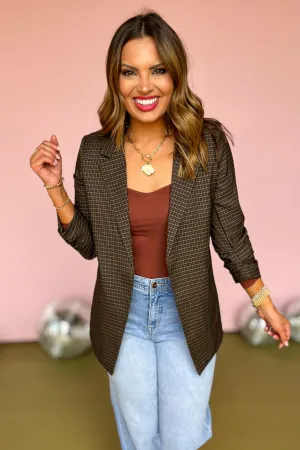 Brown Plaid 3/4 Ruched Sleeve Collared Blazer