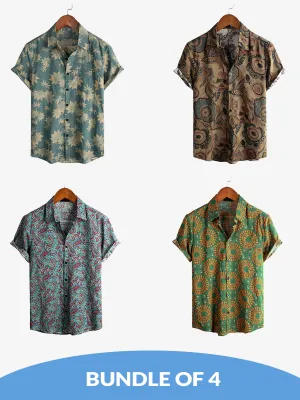Bundle Of 4 | Men's Breathable Cotton Retro Short Sleeve Summer Shirts
