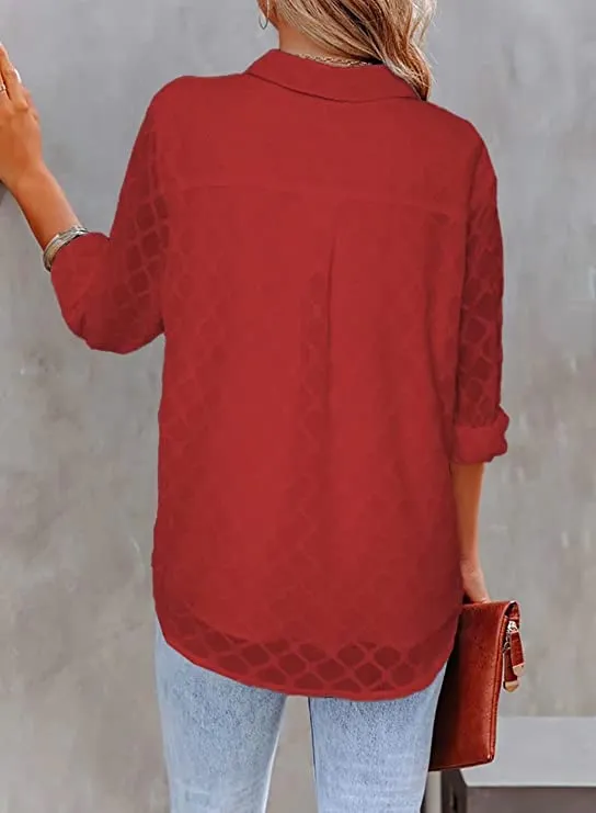 Burgundy Womens Button Down Shirts Long Sleeve V Neck Blouses Tops for Work - FARYSAYS