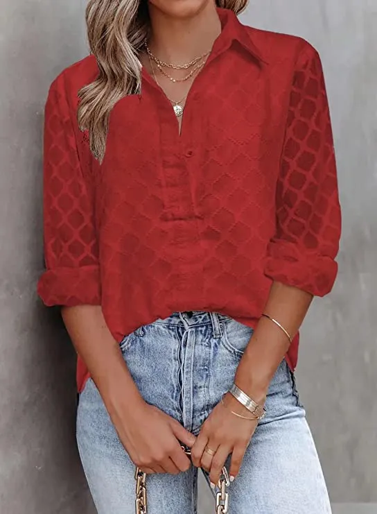 Burgundy Womens Button Down Shirts Long Sleeve V Neck Blouses Tops for Work - FARYSAYS