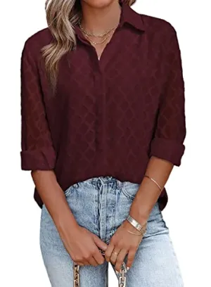 Burgundy Womens Button Down Shirts Long Sleeve V Neck Blouses Tops for Work - FARYSAYS