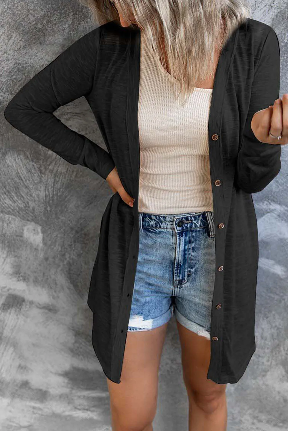 Cali Chic Black Solid Color Open Front Buttons Cardigan