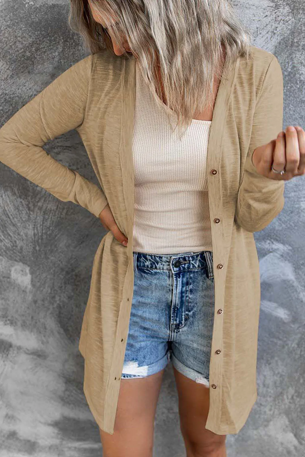 Cali Chic Brown Solid Color Open Front Buttons Cardigan