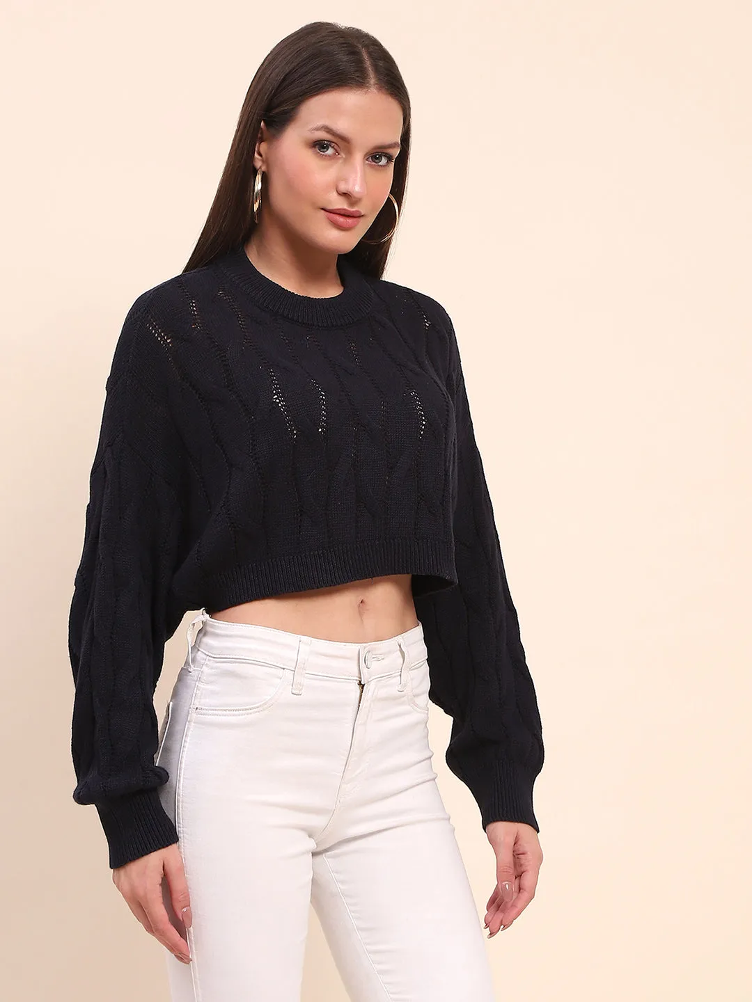 Camla Barcelona Cotton Cable Knit Navy Blue Crop Sweater