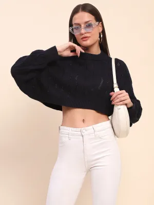 Camla Barcelona Cotton Cable Knit Navy Blue Crop Sweater