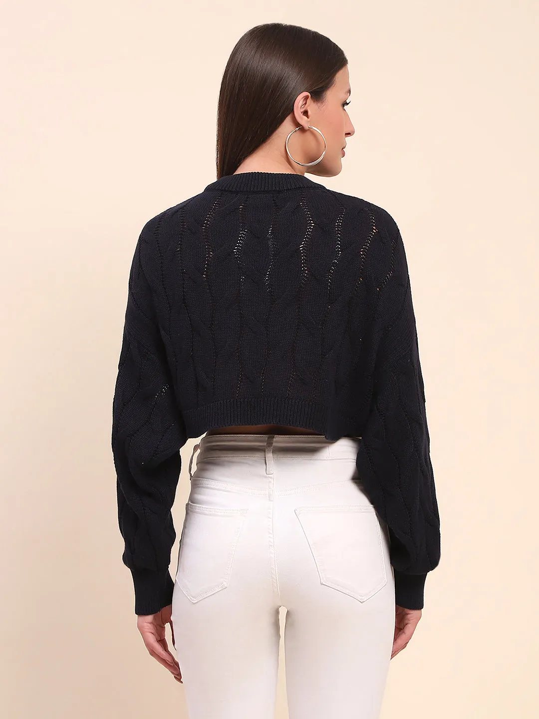 Camla Barcelona Cotton Cable Knit Navy Blue Crop Sweater