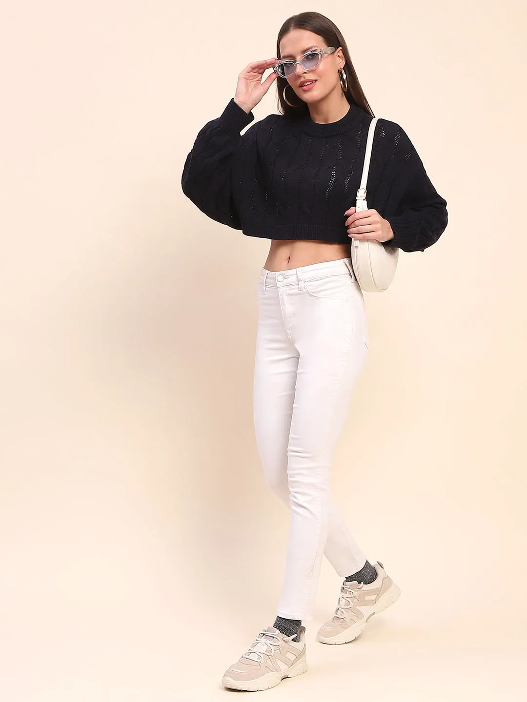 Camla Barcelona Cotton Cable Knit Navy Blue Crop Sweater