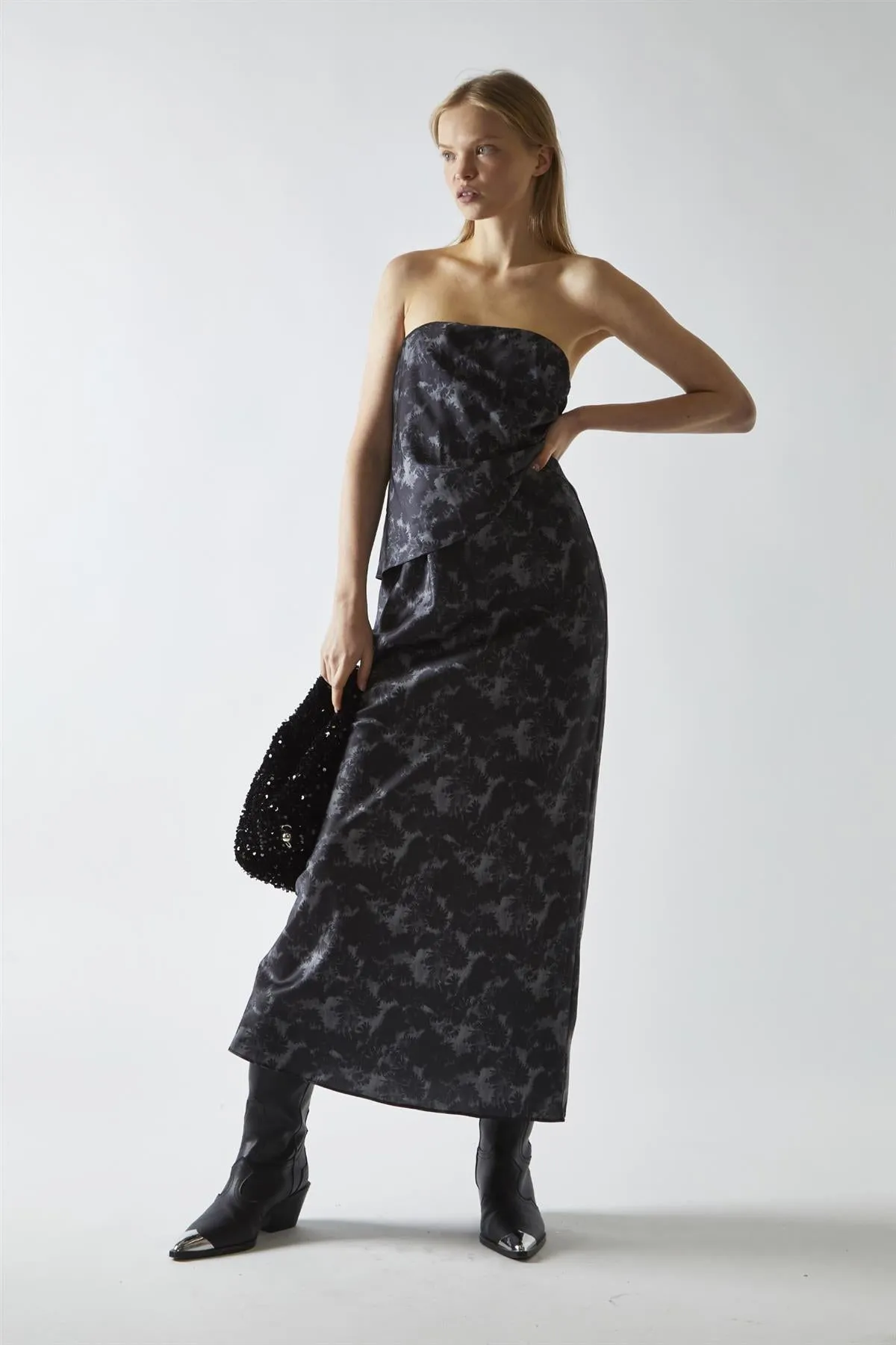 Charcoal Digital-Floral Midi Skirt