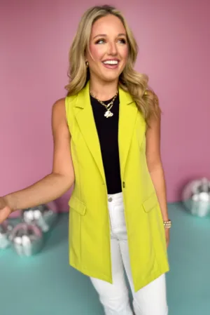 Chartreuse Notched Collar Sleeveless Longline Blazer Vest *FINAL SALE*