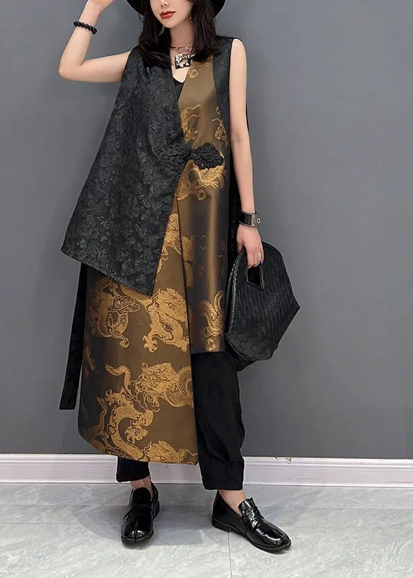 Chic Colorblock Asymmetrical Patchwork Jacquard Silk Vests Sleeveless LY1597