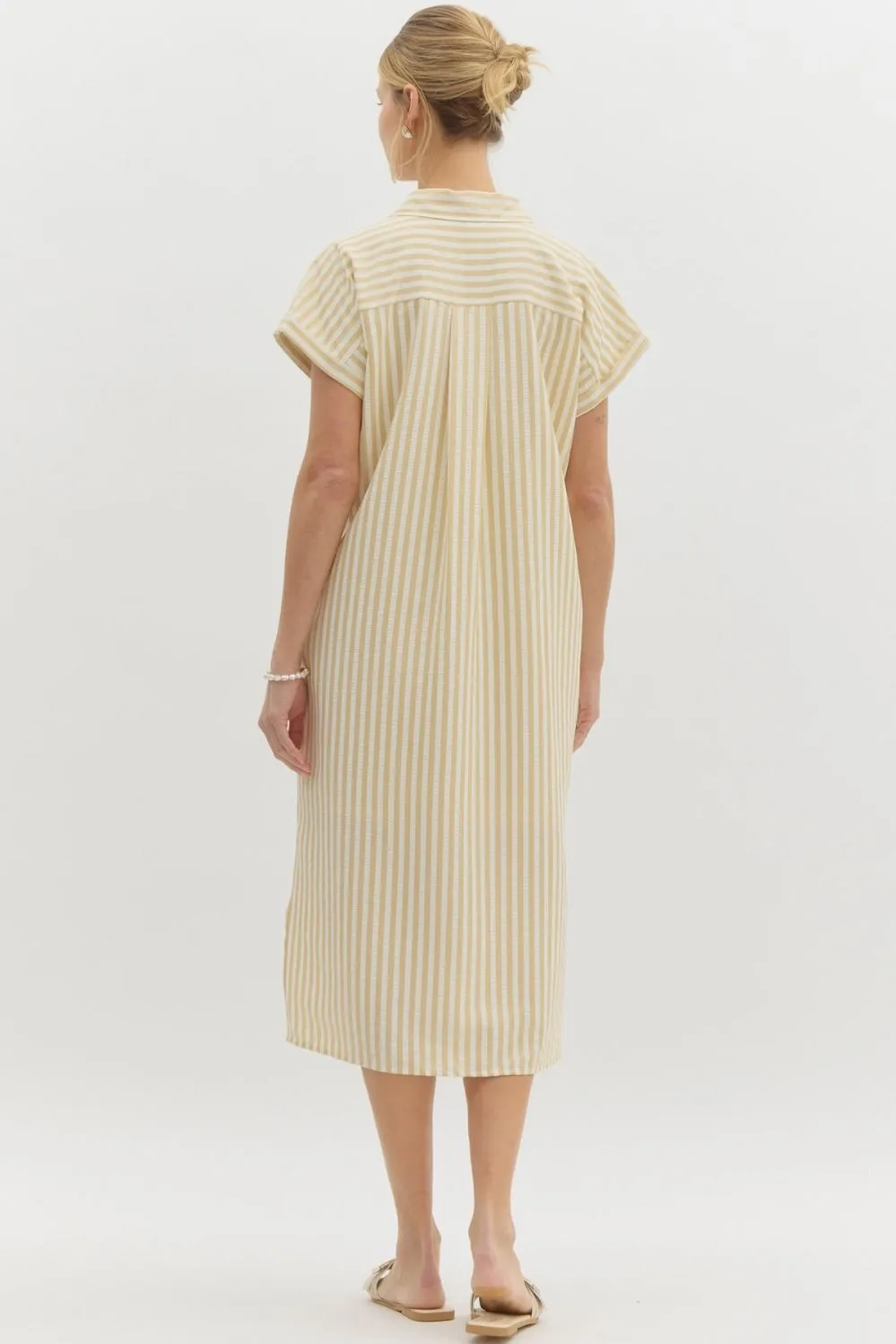 COLLARED STRIPED MIDI DRESS--TAUPE