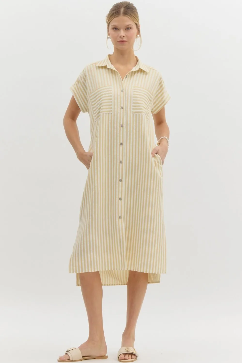 COLLARED STRIPED MIDI DRESS--TAUPE