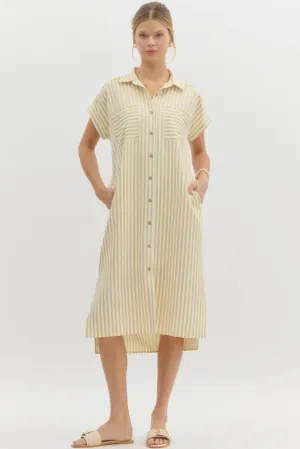 COLLARED STRIPED MIDI DRESS--TAUPE