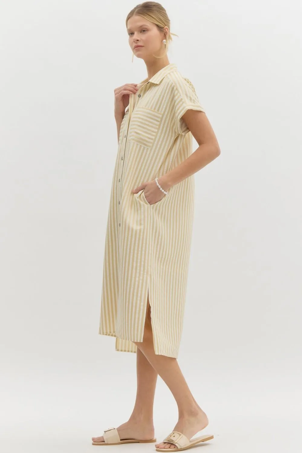 COLLARED STRIPED MIDI DRESS--TAUPE