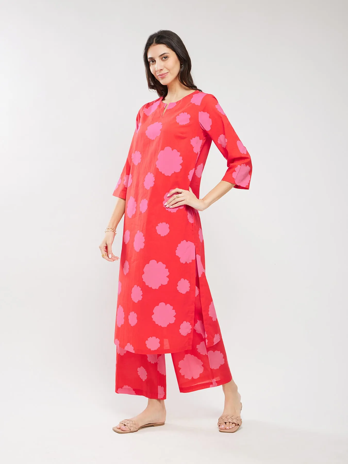 Cotton Floral Kurta Set - Pink