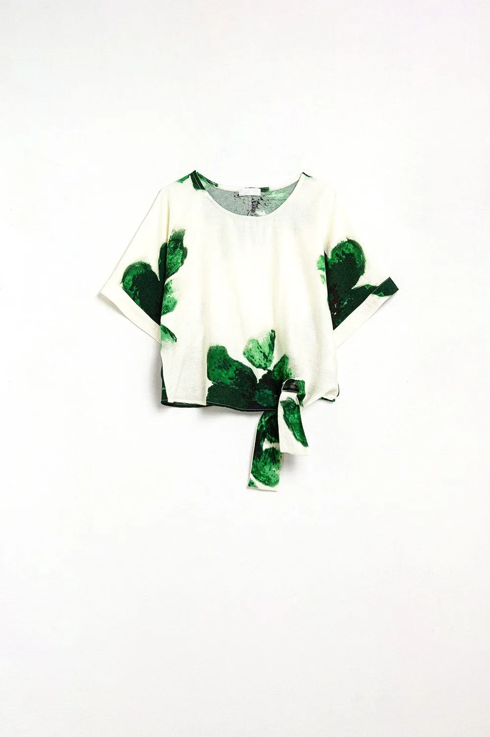 Cropped Blouse With Floral Print In Green Tied At The Waist