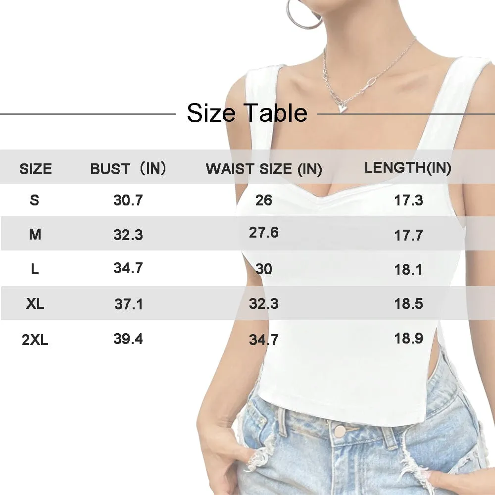 Custom Face Heart Black Top Personalized Women's Square Neck Backless Ruched Side Split Crop Tank Tops