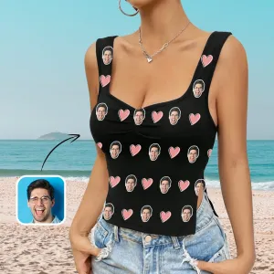 Custom Face Heart Black Top Personalized Women's Square Neck Backless Ruched Side Split Crop Tank Tops