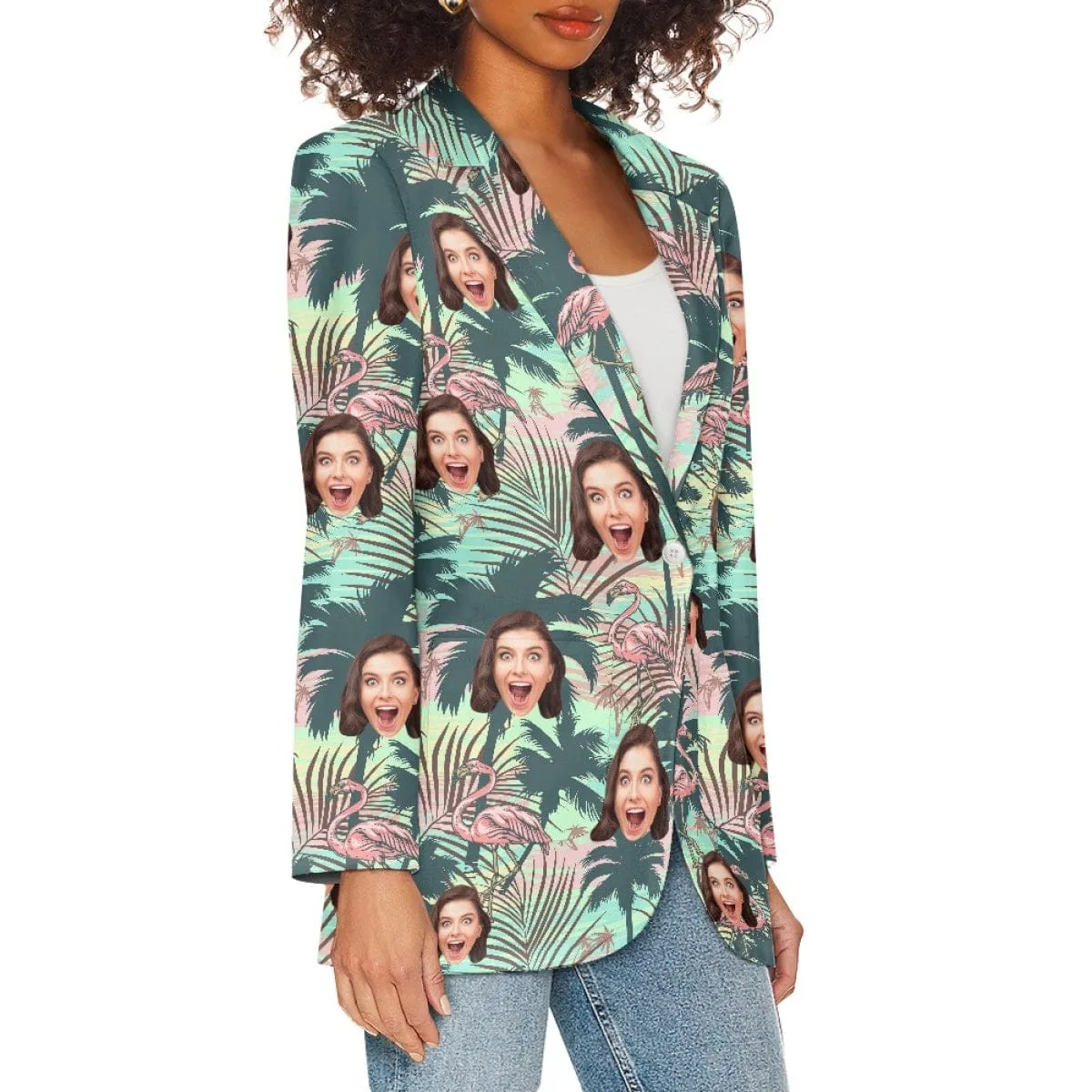 Custom Face Pink Flamingo Couple Casual Blazers Coat