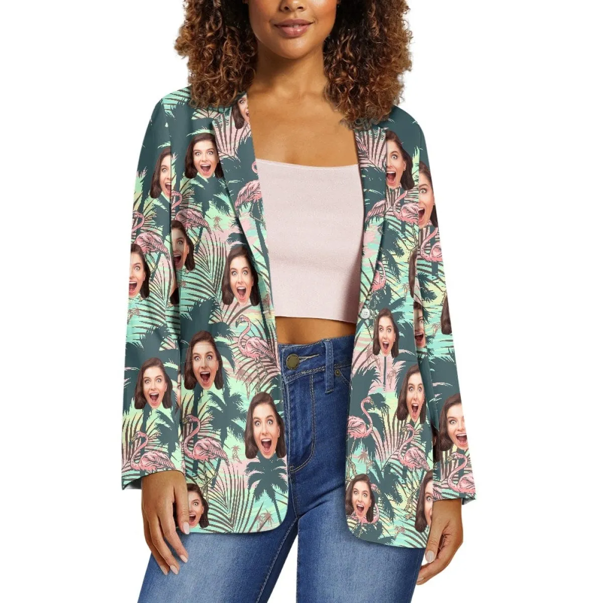 Custom Face Pink Flamingo Couple Casual Blazers Coat