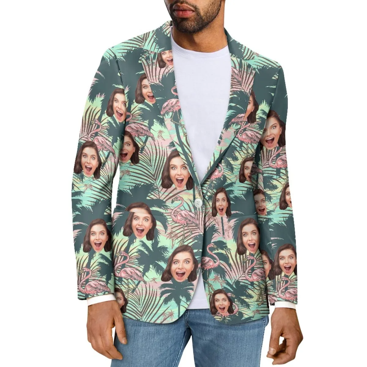 Custom Face Pink Flamingo Couple Casual Blazers Coat