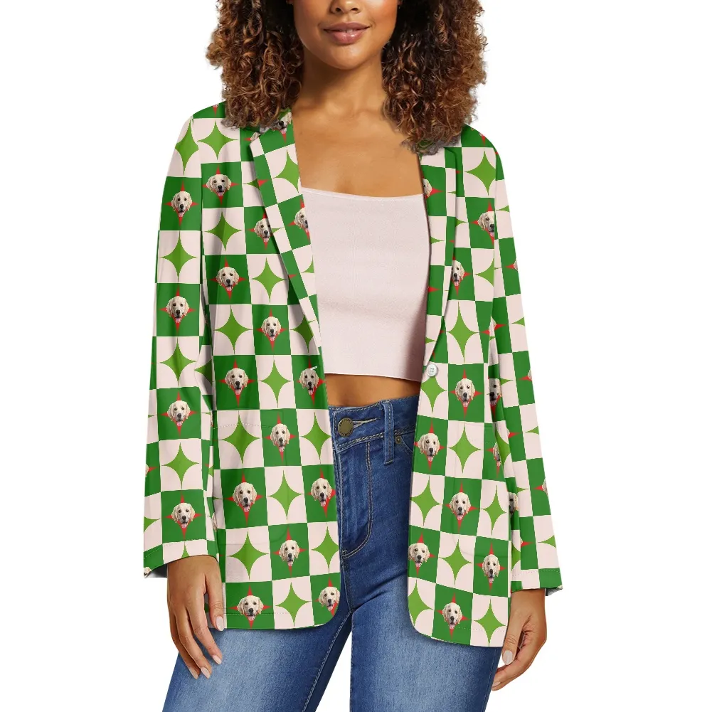 Custom Pet Face Green Grid Blazers Ties Personalized Jacket Casual Coats For Men Women