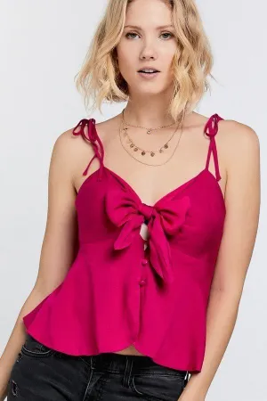 Cutout Detail Ruched Twist Bow Sweetheart Neckline Cami Top