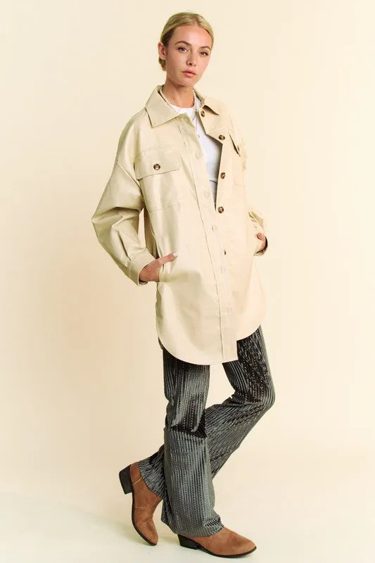 Davi & Dani Beige Faux Leather Button Up Jacket with Chest Pockets