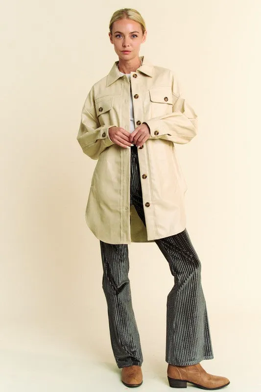 Davi & Dani Beige Faux Leather Button Up Jacket with Chest Pockets