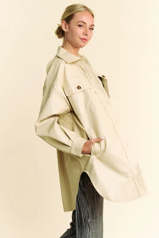 Davi & Dani Beige Faux Leather Button Up Jacket with Chest Pockets