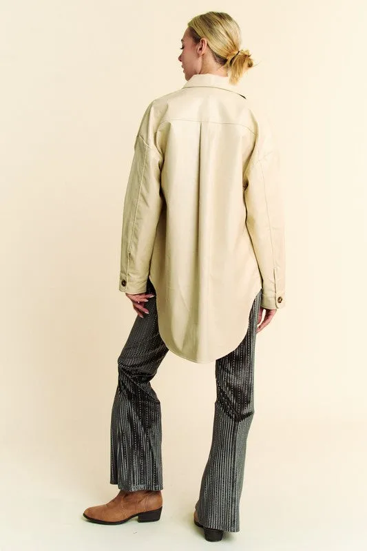 Davi & Dani Beige Faux Leather Button Up Jacket with Chest Pockets