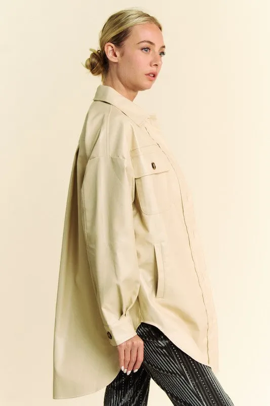 Davi & Dani Beige Faux Leather Button Up Jacket with Chest Pockets