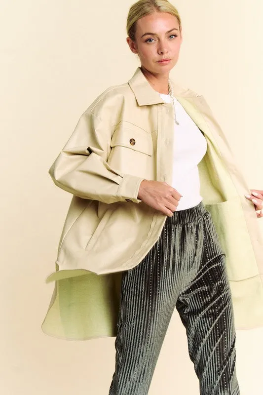 Davi & Dani Beige Faux Leather Button Up Jacket with Chest Pockets