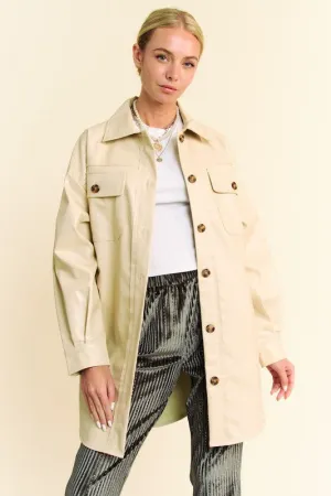 Davi & Dani Beige Faux Leather Button Up Jacket with Chest Pockets