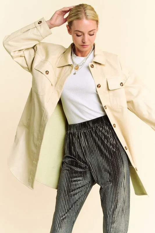 Davi & Dani Beige Faux Leather Button Up Jacket with Chest Pockets