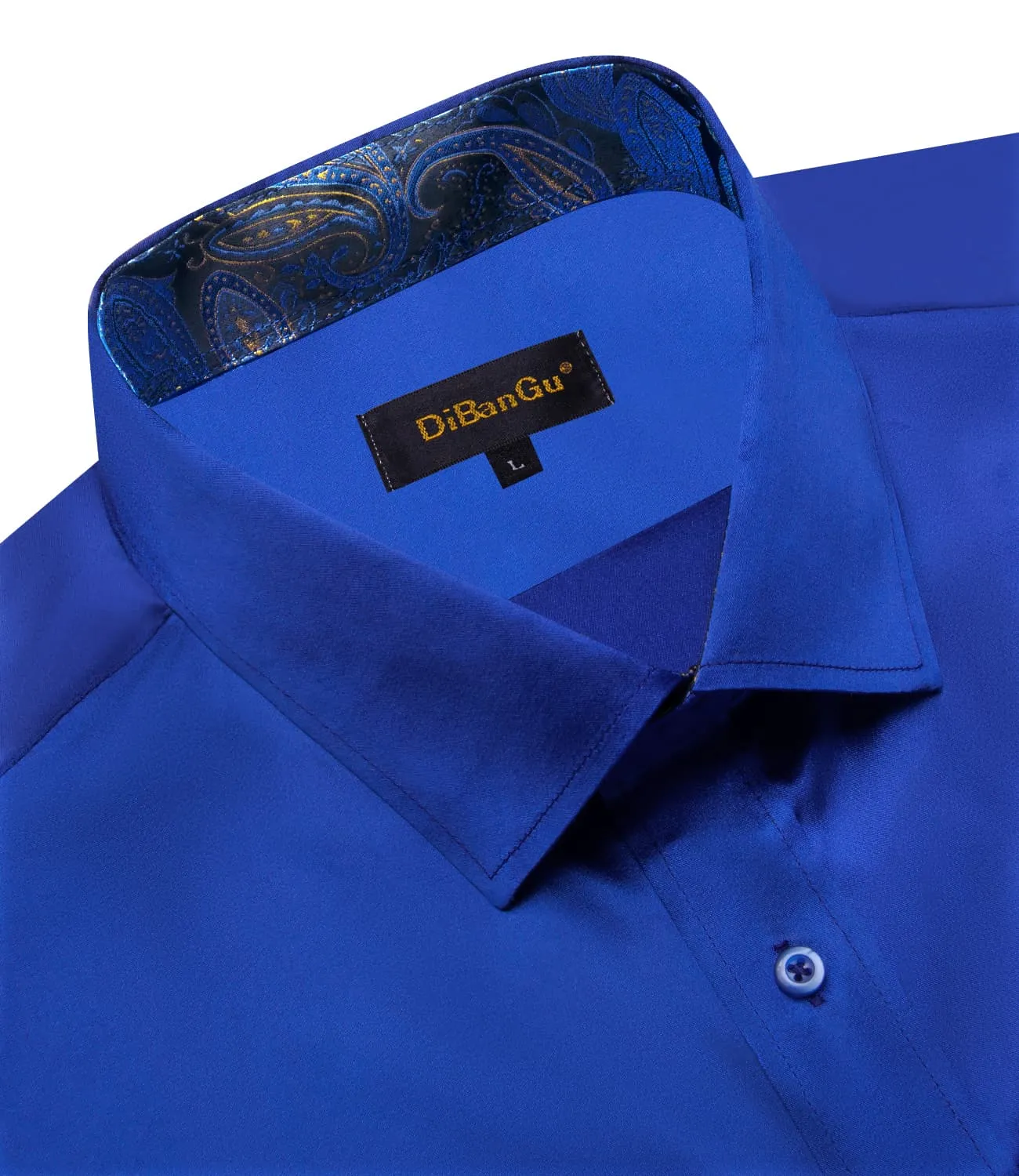 DiBanGu Collar Shirt Violet Blue Satin Splicing Solid Button Down Mens Shirt